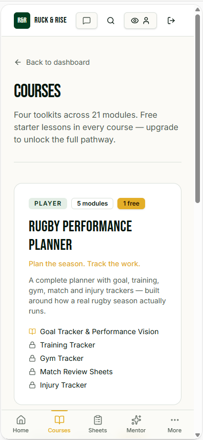 Ruck & Rise player dashboard